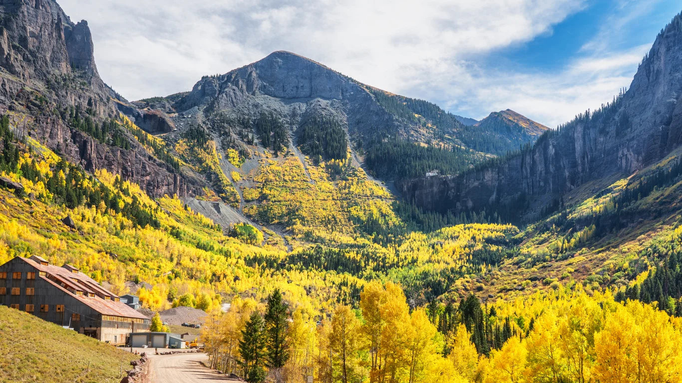 Mountainous landscape with yellow trees and a clear sky